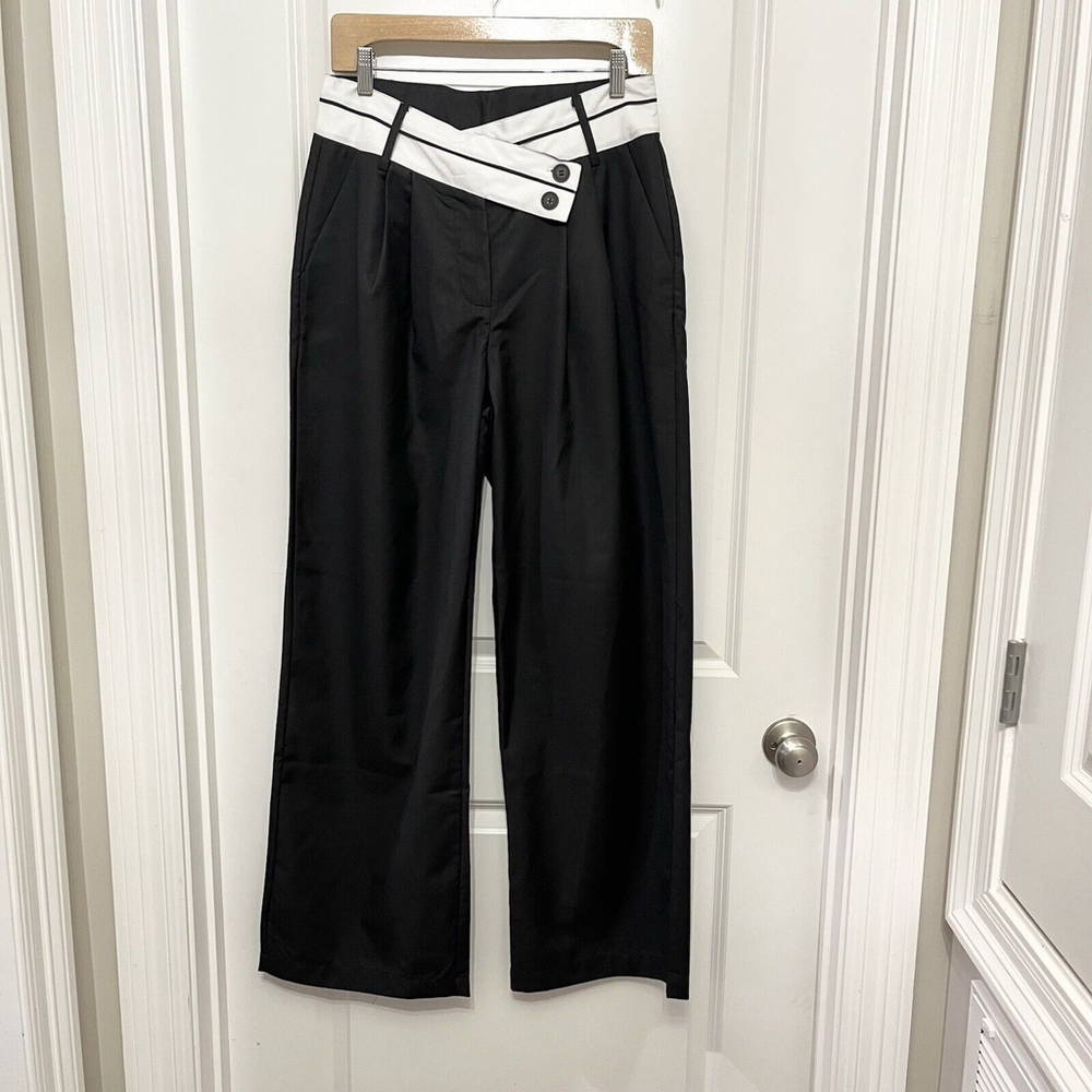 NWT‎ Commense Trousers Womens L Black Wide Leg Pleated High Waist White Belted